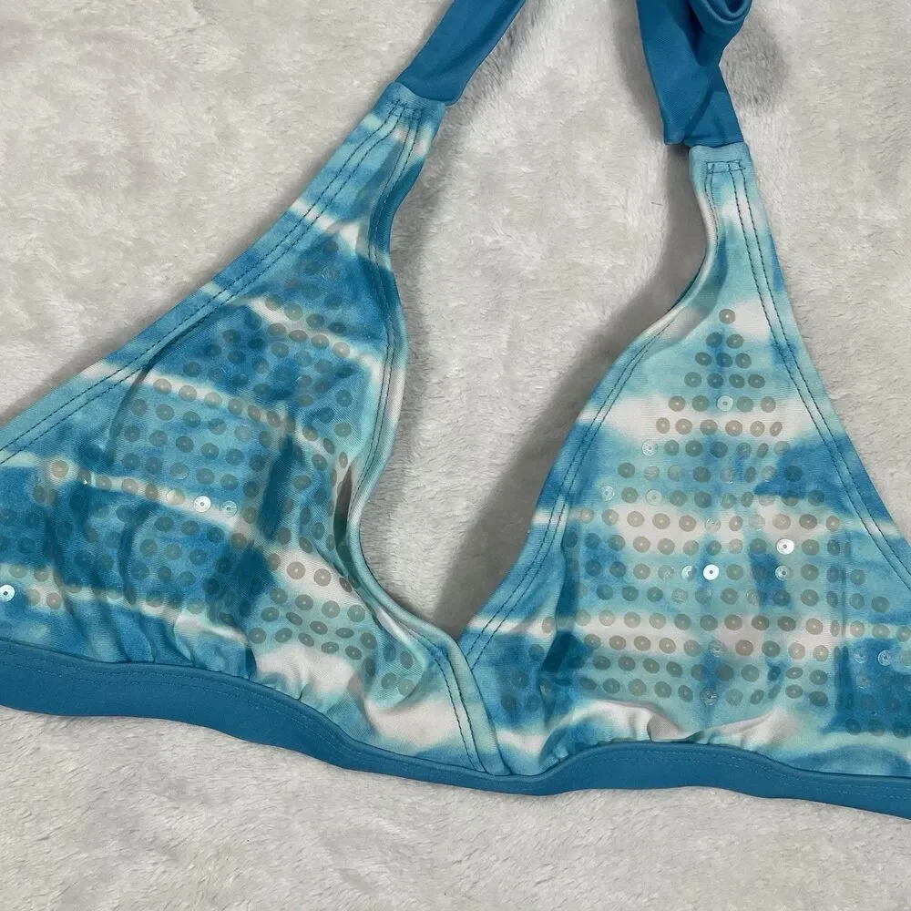 Justice Girls Blue & White Sequin Top Two Piece Y2k 2010 Kids Swim Set Size 12